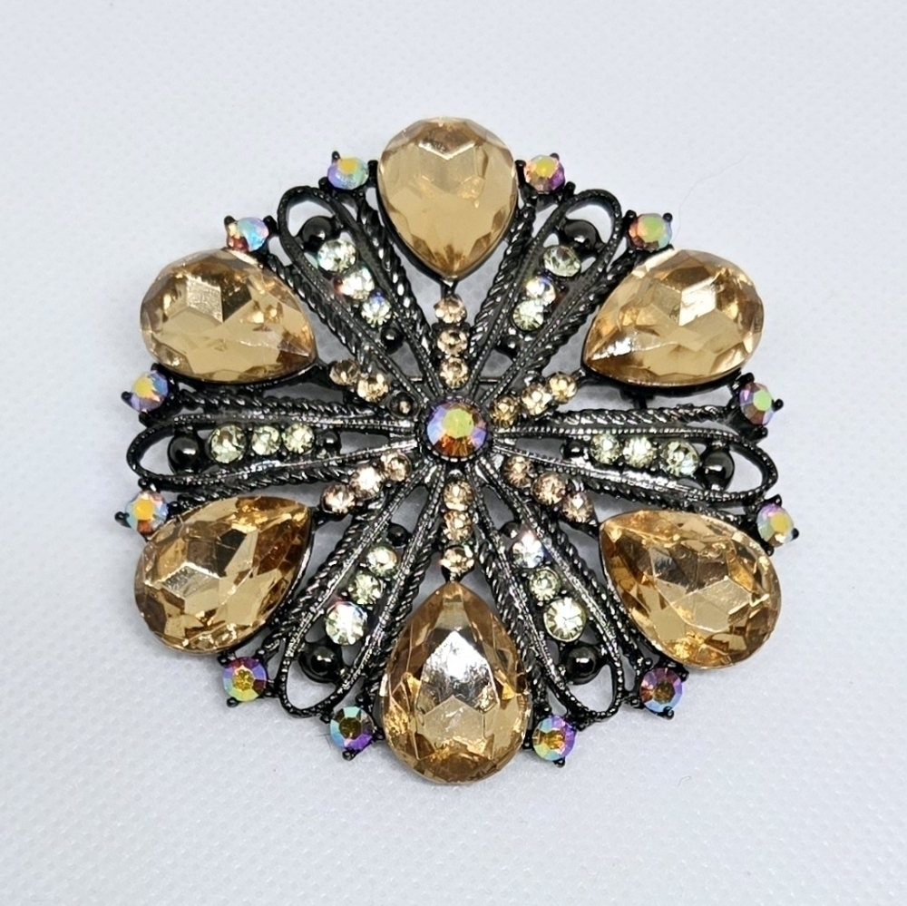 Vintage Rhinestone Floral Brooch Gold Black Statement Pin Large